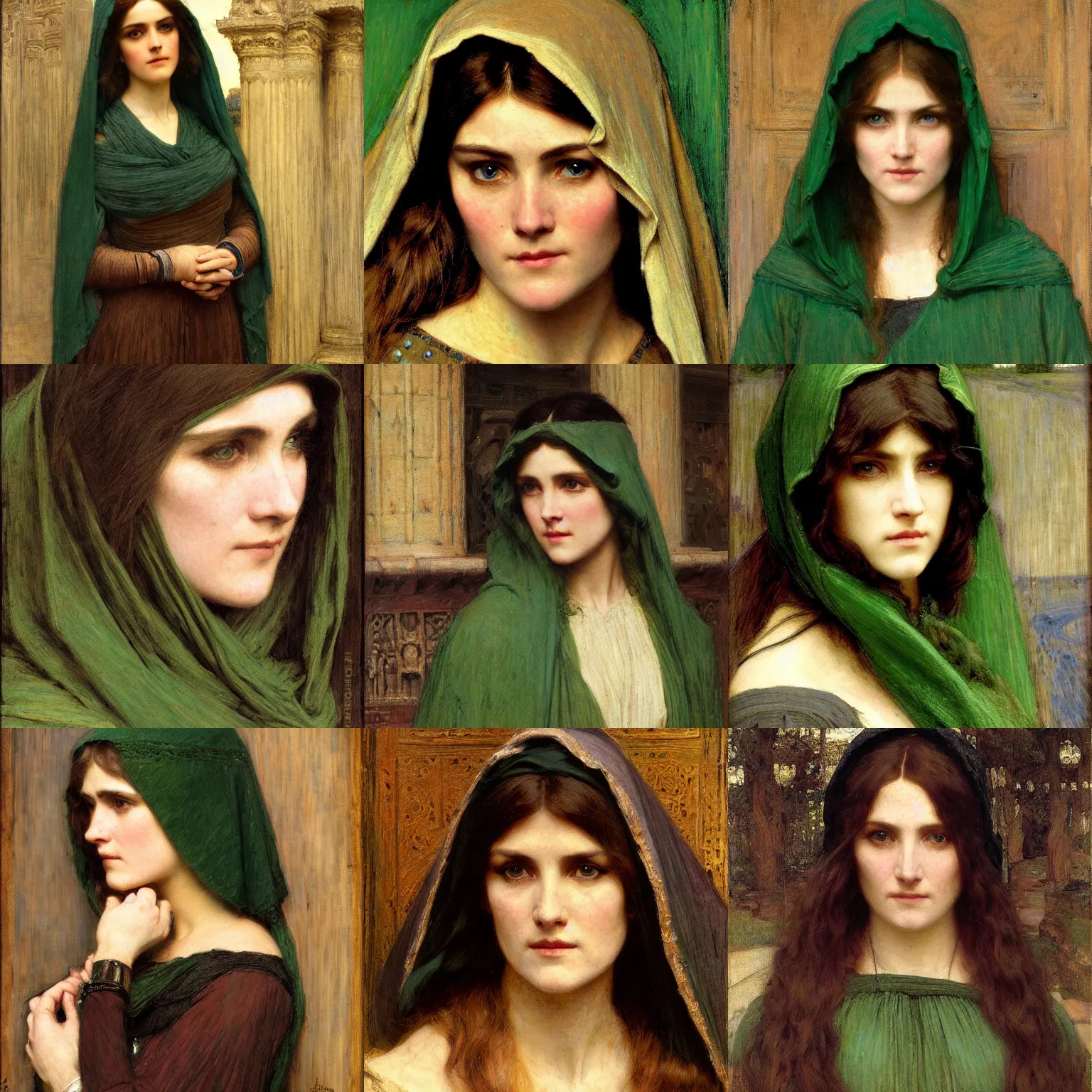 Prompt: green-eyed woman wearing a hood intricate portrait by john william waterhouse and Edwin Longsden Long and Theodore Ralli and gaston bussiere. Cinematic, hyper realism, dramatic lighting, high detail 8k