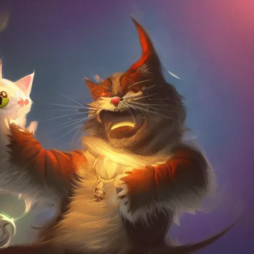 Prompt: a wizard is laughing at a small cat, dynamic pose, chromatic aberration , medium level shot, fantasy, illustration, concept art,