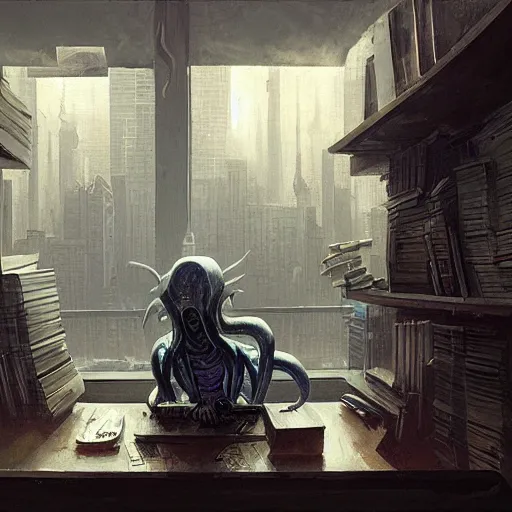 Image similar to illithid working in an office with few on the city, oil painting, by greg rutkowski