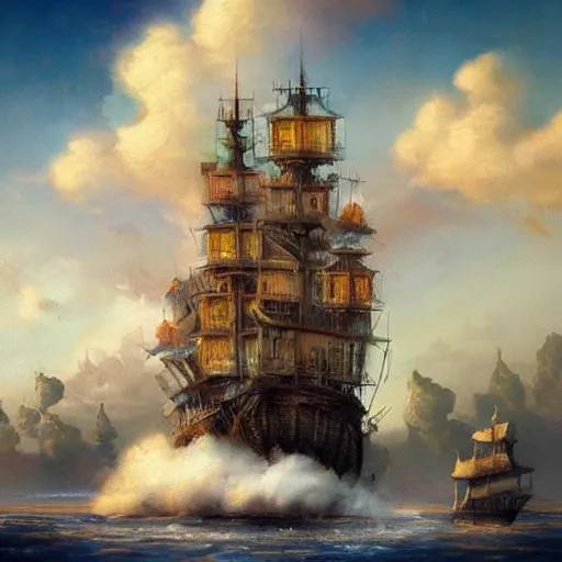 Prompt: a beautiful romanticism painting of a steampunk ship flying past floating islands, concept art, beautiful clouds, cinematic