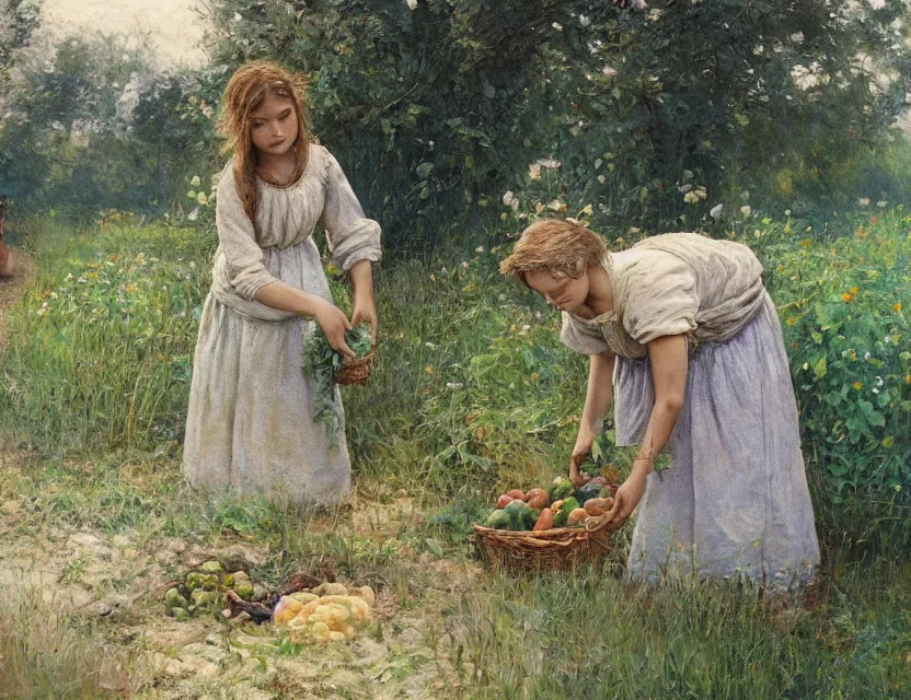 Image similar to 3 peasant girl picking vegetables from garden, cottage core, cinematic focus, polaroid photo bleached vintage pastel colors high - key lighting, soft lights, foggy, by steve hanks, by lisa yuskavage, by serov valentin, by tarkovsky, 8 k render, detailed, oil on canvas