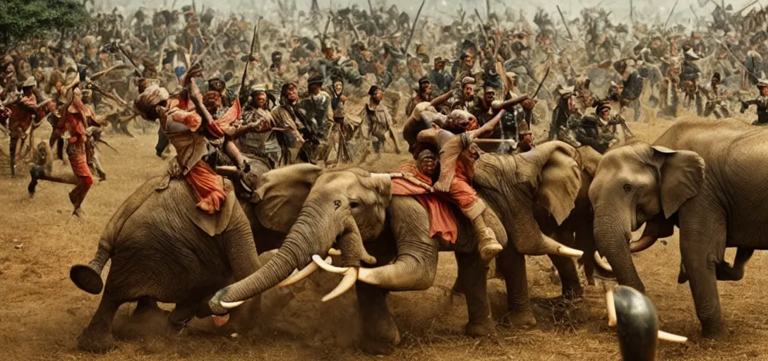 Prompt: a ultra high resolution of the elephant duel of beautiful young warlords who fight on the back of their decorative war elephants in crowd of battlefield, emotional movement, high quality realistic, a colorized photo, colorized, # film, movie still