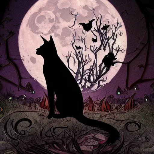 Image similar to an ultra detailed animation of a black cat with bats in a graveyard at midnight on halloween tattoo, digital art, dark fantasy, concept art, soulslike, by alphonse mucha, blood moon eclipse, ruined building in the background, artstation, 8 k, unreal engine render