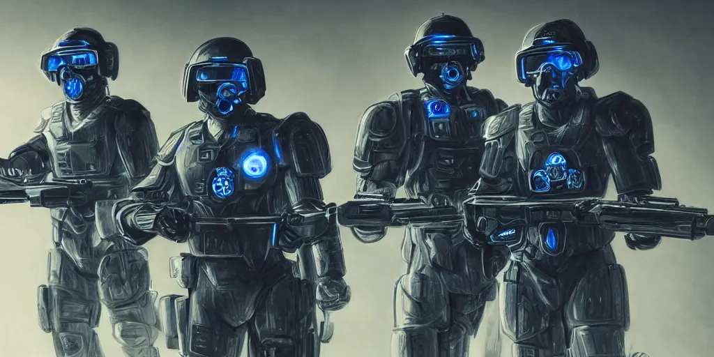 Image similar to A very detailed sketch of two soldiers with blue laser rifles wearing black power armour with blue sprites and full helmets with blue visors, night, fog, a complicated chrome-plated spaceship with blue lights in the background, realistic 4k octane beautifully detailed render, 4k post-processing, highly detailed, intricate complexity, epic composition, magical atmosphere, cinematic lighting, masterpiece, ultra hd