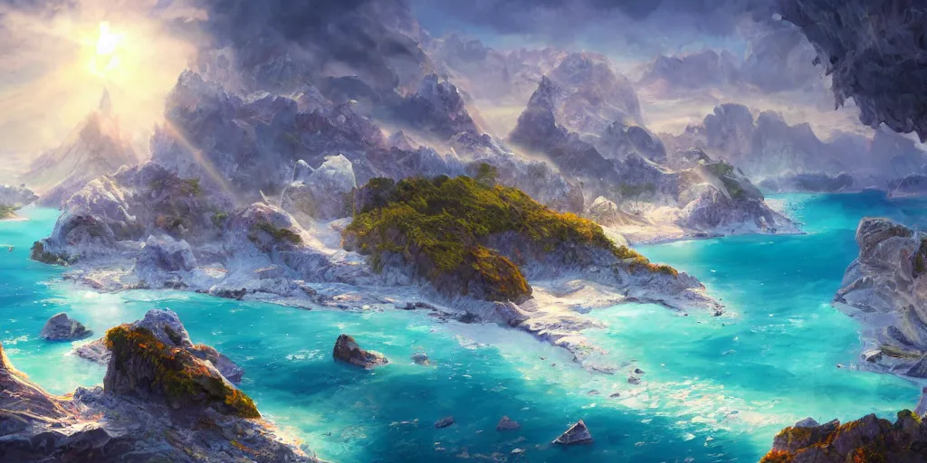 Prompt: salt covered islands surrounded by colourful rugged crystal quartz mountains, illustration, bright sunlight, sun glints, sunrays, digital art, hyperrealistic, oil painting, fantasy, 8 k, trending on artstation, detailed