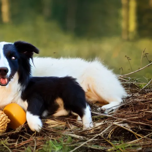 Image similar to a border collie protecting a baby eagle and human infant who are both in a nest in a forest, beautiful, golden hour, impressionist