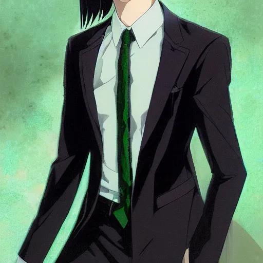 Image similar to full body portrait character concept art, anime key visual of decadent young anime male in black suit, green long hair and brown eyes, finely detailed perfect face studio lighting delicate features directed gaze, gapmoe kuudere grimdark, trending on pixiv fanbox, painted by greg rutkowski makoto shinkai takashi takeuchi studio ghibli