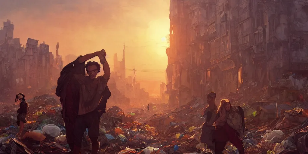 Prompt: broken window in foreground!! garbage dump, city is pure wasteland, sunset in background, detailed characters, alphonse mucha, greg rutkowski, trending on artstation, artgerm, breathtaking, sharp focus, smooth, mark arian, award winning, highly detailed 4 k art