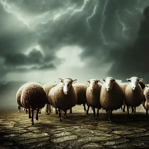 Prompt: a fantasy flock of sheep, night scene, darkness, rain clouds, multiple lightning strikes, full moon, ominous, ornate, dynamic, rich color, intricate, highly detailed, vogue, harper's bazaar art, fashion magazine, smooth, sharp focus, 8 k octane render