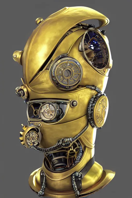 Image similar to steampunk mask minimalist fantasy art robot ninja helmet, global illumination ray tracing hdr fanart arstation by sung choi and eric pfeiffer and gabriel garza and casper konefal radiating a glowing aura