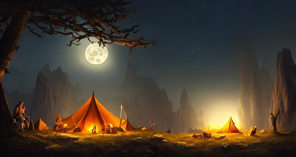 Image similar to an epic fantasy adventurer's camp with a hide tent at night with a full moon, 4 k, extremely detailed. award winning, trending on artstation, 8 k, ultra wide angle