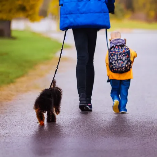 Image similar to a dog is walking a child to school