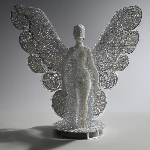 Image similar to a sculpture of thousand eyed angel made of clear crystal casting caustics on a white table morning light