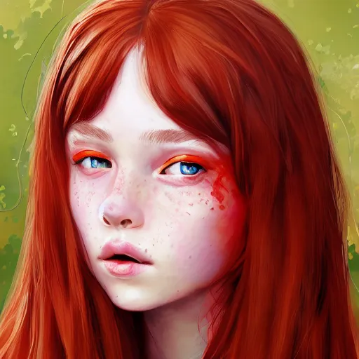 Image similar to portrait of a teen girl with freckles with long red hair and bright brown eyes, 8 k, highly detailed, digital painting, artstation, sharp focus, illustration