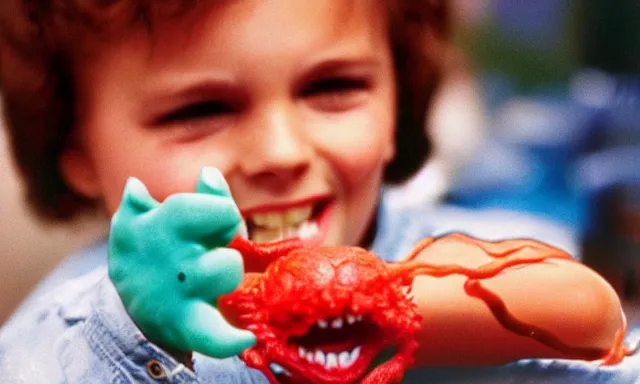 Prompt: kid playing with slime monster, realistic, detailed faces, toy commercial photo, highly detailed, photo from the 80s