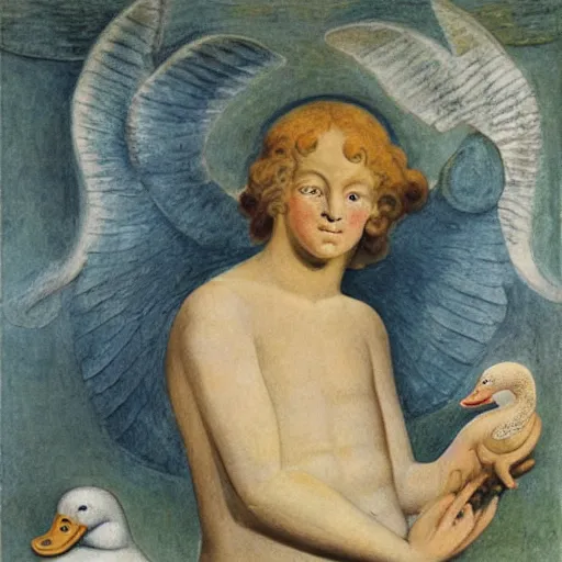 Image similar to biblical angel holding a duck, by jean deville, by william blake, oil on canvas