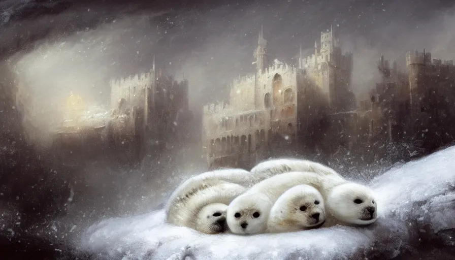 Image similar to highly detailed painting of cute furry white baby seals cuddled up in a cardboard box in a snowy cloudy sky castle by william turner, by greg rutkowski, by william constable, by greg tocchini, thick brush strokes and visible paint layers, 4 k resolution, retrowave colour scheme