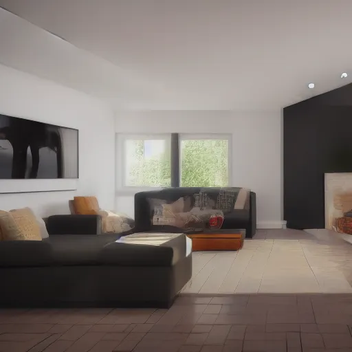 Image similar to wide shot of an almost pitch black dark family room in a house, 8K, 4K, digital art