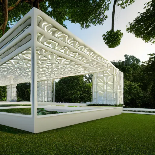 Image similar to evolving fractal, flowing white architectural Villa, futuristic 3D, voronoi pattern pavilion with magnolias on the roof, perforated shaders, sunrays through the pavilion structure, lush botanical trees, prairie landscaping, sunrise, golden hour, illuminated pool, fluffy clouds