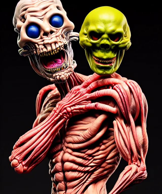 Image similar to hyperrealistic rendering, cronenberg flesh monster skeletor by art of skinner and richard corben and jeff easley, product photography, action figure, sofubi, studio lighting, colored gels