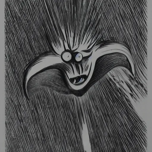 Image similar to surrealist drawing of creature screaming in darkness by francis bacon, risograph, illustration, black and white