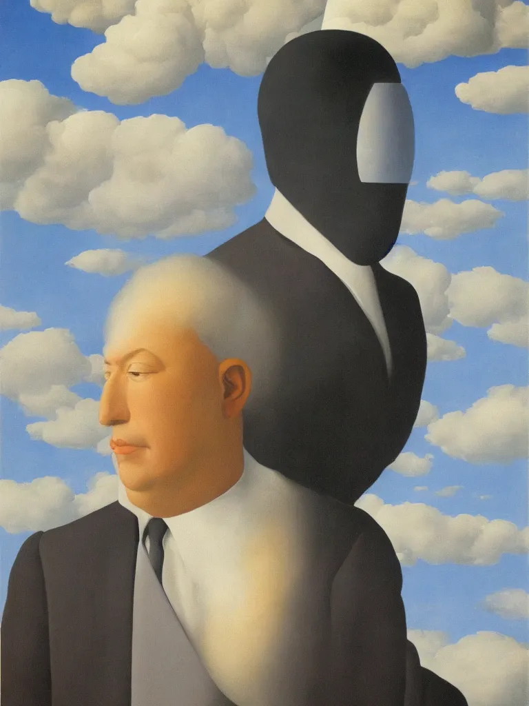 Image similar to portrwit of man with cloud instead of his head by rene magritte, detailed painting, hd, hq, high resolution, high detail, 4 k, 8 k