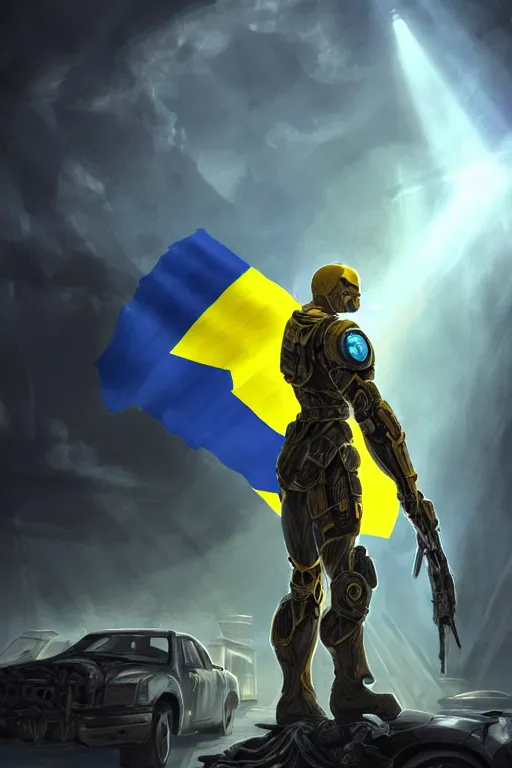 Image similar to a full body shot from distance of a super soldier with a Ukrainian blue and yellow stripes flag standing in the beam of light from the clouds on a pile of skulls and rotten cars as a winner, masculine figure, D&D, fantasy, intricate, elegant, highly detailed, digital painting, artstation, concept art, matte, sharp focus, symmetrical, illustration, art by Artgerm and Greg Rutkowski and Alphonse Mucha