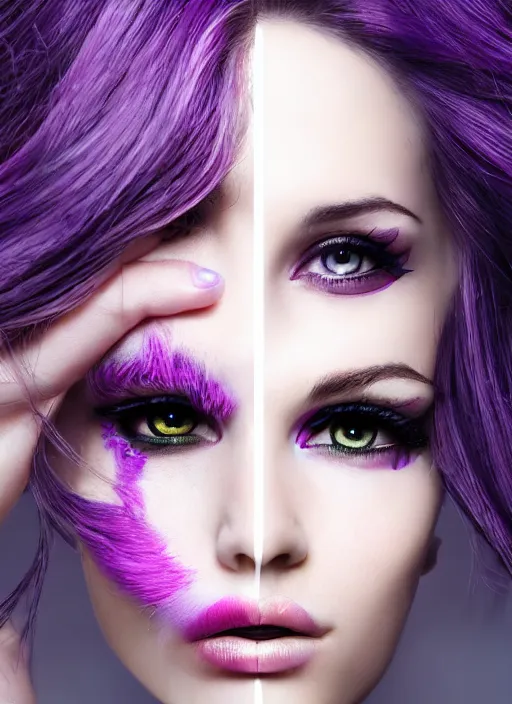 Image similar to photorealistic 3 0 0 0 cyclopes beautiful female with purple hair one eye portrait photography feroflex photorealistic studio lighting ektachrome detailed intricate face details, ultradetails, beautiful face, realistic shaded perfect face, extremely fine details