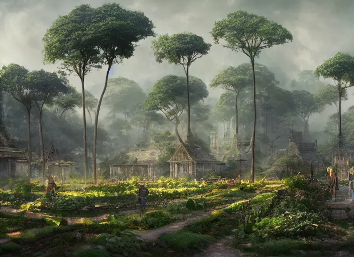 Prompt: Lush vegetable farms outside a beautiful elven city made of white marble, anime, lush trees, a fantasy digital painting by Greg Rutkowski and James Gurney, trending on Artstation, highly detailed