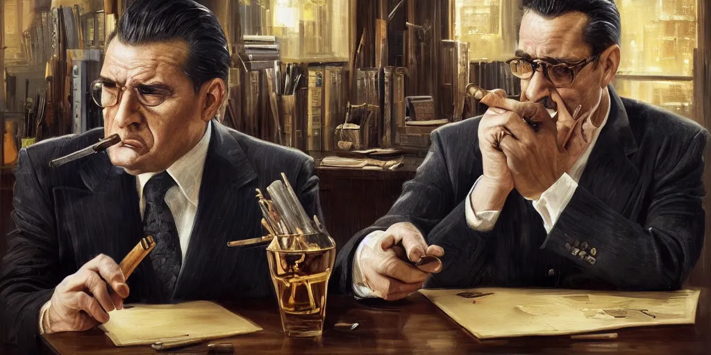 Prompt: beautiful oil matte portrait painting, mafia boss holding a cigar at his 5 0 s new york office desk, wonderful masterpiece highly detailed, beautiful cinematic light deep focus, elegant, digital painting, smooth, sharp focus, golden ratio, dramatic illumination, ultra realistic, 8 k, art by jimmy law