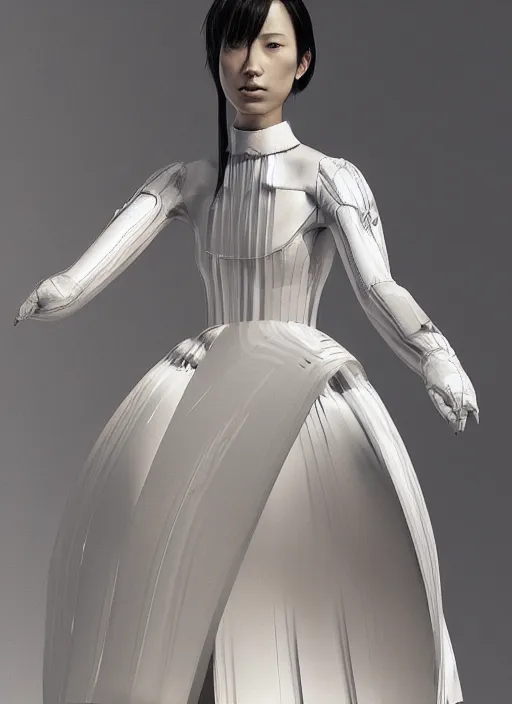 Image similar to a digital portrait of a japanese girl detailed features wearing a pilot latex suit wedding dress - synthetic materials, by balenciaga and issey miyake by ichiro tanida and mitsuo katsui