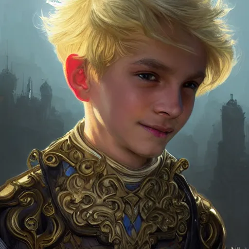 Image similar to portrait of a boy wearing fantasy thief clothing in the slums of a fantasy city, blonde hair, d & d, fantasy, joyful smirk, intricate, elegant, highly detailed, digital painting, artstation, concept art, matte, sharp focus, illustration, art by artgerm and greg rutkowski and alphonse mucha