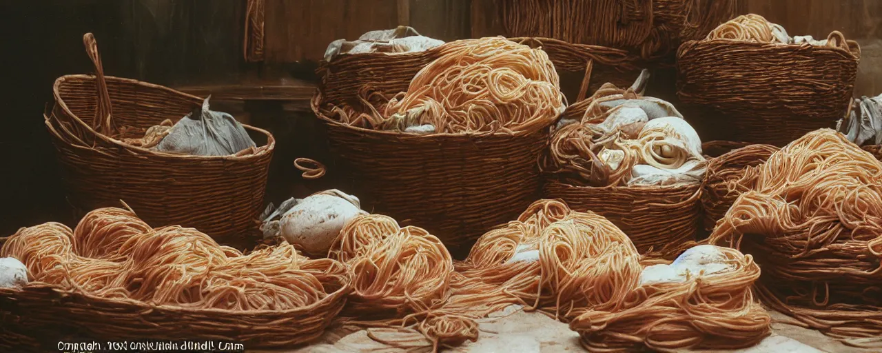 Image similar to 1 7 th century ocean trade of, spaghetti in baskets, canon 5 0 mm, kodachrome, in the style of wes anderson, retro