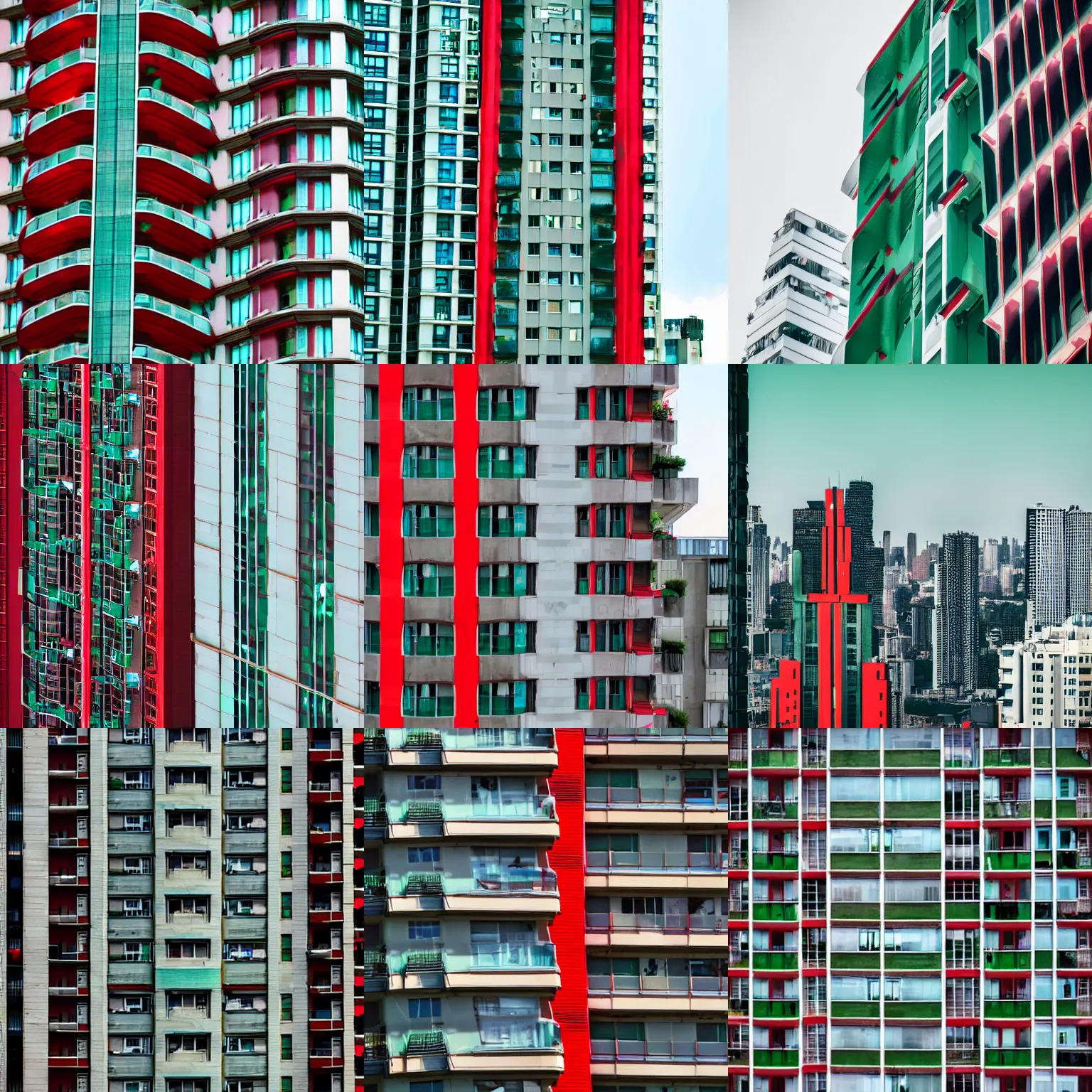 Prompt: detailed photo of the top floor of a green, white and red cyberpunk Art Deco skyscraper balcony high above the city