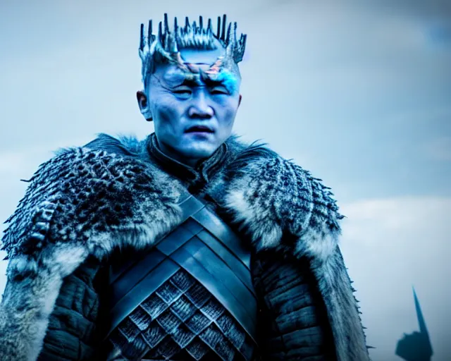 Image similar to justin sun as night king in game of thrones versus huge bee, 4 k, epic, cinematic, focus, movie still, fantasy, extreme detail, atmospheric, dark colour, sharp focus