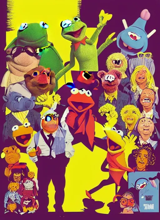 Prompt: poster artwork by Michael Whelan and Tomer Hanuka, The Muppet Show cast portrait photo, Kermit, Fozzie and MIss Piggy, movie scene from Kill Bill, pop art poster, vector art, poster artwork by Michael Whelan and Tomer Hanuka