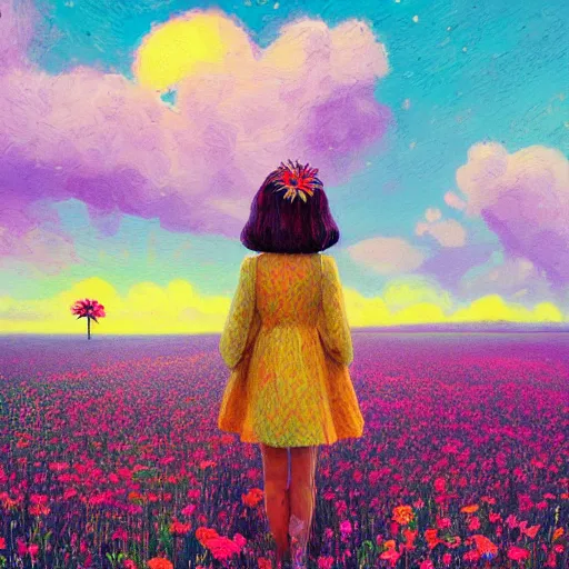 Prompt: girl with a scaled up flower as a face, surreal photography, dream, standing in flower field, hills, big trees, sunrise dramatic light, impressionist painting, colorful clouds, digital painting, pointillism, artstation, simon stalenhag, flower face