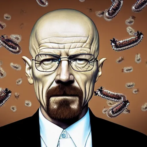 Prompt: Walter White with worms coming out of his head. Hyper realistic image, award winning photography