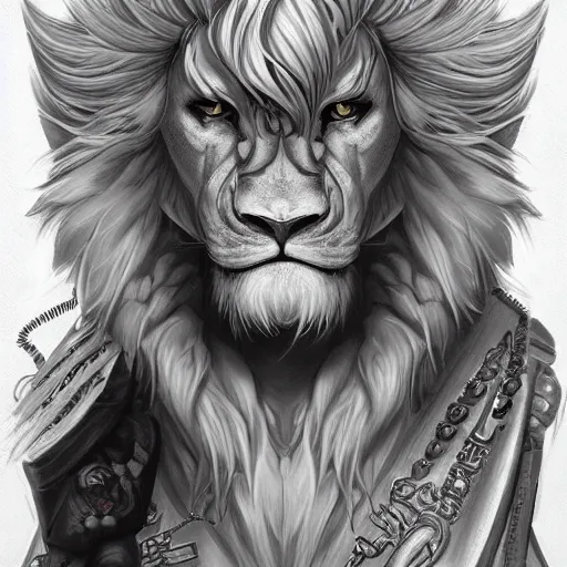 Image similar to aesthetic portrait commission of a albino muscular and attractive anthro lion as a character wearing freemason outfit, hyperdetailed. Character design by charlie bowater, ross tran, artgerm, and makoto shinkai, detailed, inked, western comic book movie poster concept art, award winning painting