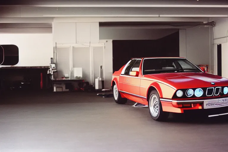 Image similar to single Formula 1, 1984 BMW M1 Lincoln Continental, inside of a minimalist Tokyo garage, ektachrome photograph, volumetric lighting, f8 aperture, cinematic Eastman 5384 film