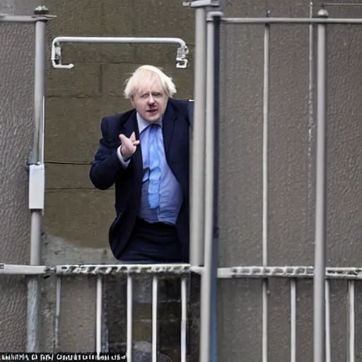 Image similar to Birds eye view security camera footage of Boris johnson breaking out of Prison