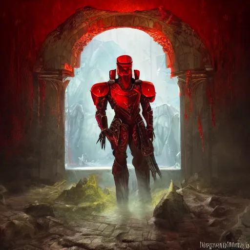 Prompt: blood knight, red, glowing halo, fantasy art, located in a castle, morning sunlight through the window, decorated, high quality, highly detailed, 4 k