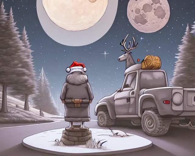 Prompt: a cell shaded cartoon grey santa! + deer robot, with a big head, on a desert road, wide shot, in front of a big moon, muted colors, post grunge, josan gonzales, wlop, by james jean, victor ngai, hq, deviantart, art by artgem