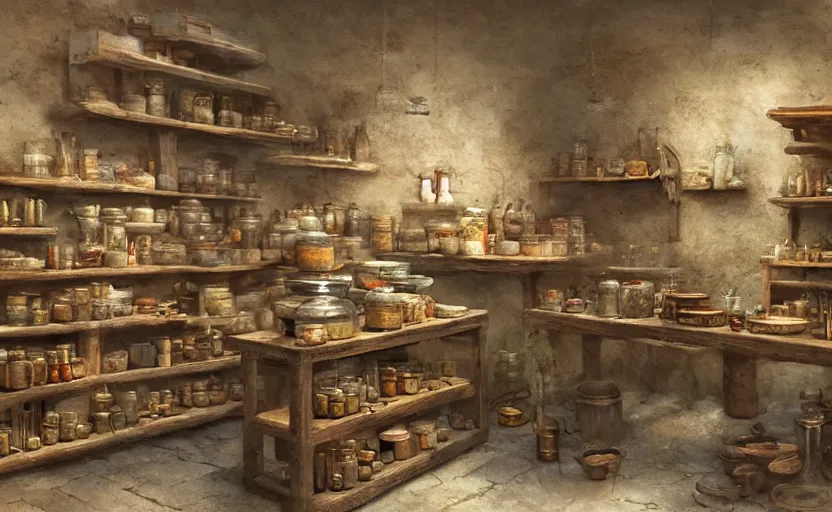 Image similar to an herbalist shop a wood counter and cabinets in the center, simple adobe wall,, simple wood shelves, lots of jars and boxes of herbs, torch lit warm dark fantasy matte painting in the style of ruan jia and craig mullins