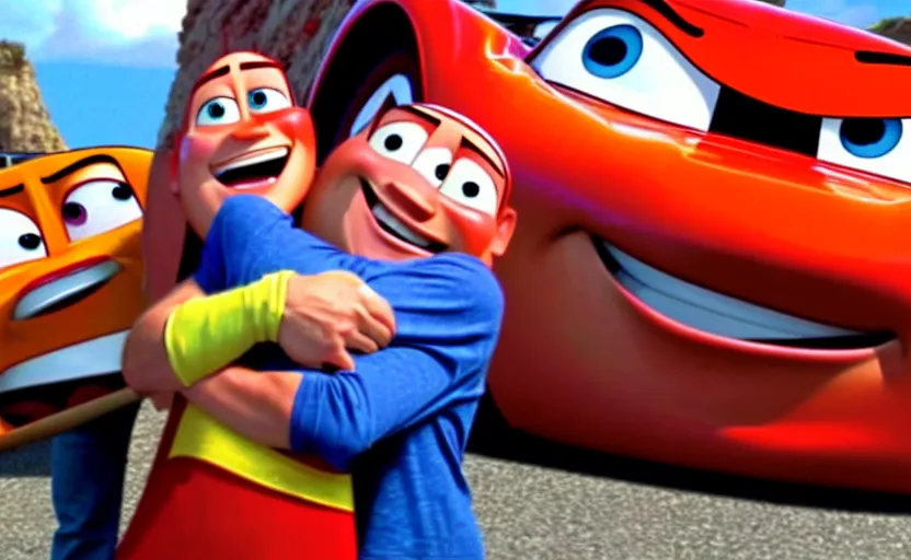 Prompt: lightning mcqueen from cars the movie hugging vin diesel,