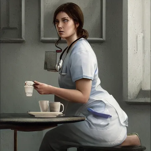 Prompt: a portrait of an nurse in a white uniform sitting and drinking coffee, Matte painting , detailed painting, greg rutkowski