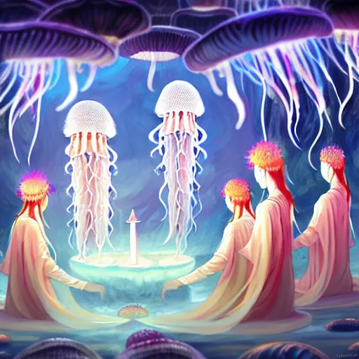 Image similar to A painting of priestesses worshipping at the jellyfish temple, shrouded in mist, jellyfish god, jellyfish priestess, jellyfish shrine maiden, 8K, illustration, art by WLOP and rossdraws and Logan Cure and Mingchen Shen and BangkuART and sakimichan and yan gisuka and JeonSeok Lee and zeronis and Chengwei Pan, smoke, undersea temple with fish, cinematic, insanely detailed and intricate, hypermaximalist, elegant, super detailed, award-winning, fuschia and vermillion and cyan, rainbow accents, mysterious, ancient, ritual, trending in cgsociety, artstation HQ, ornate, elite, haunting, matte painting, beautiful detailed, insanely intricate details, dreamy and ethereal, otherworldly