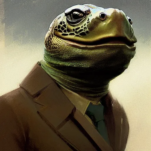 Image similar to an anthropomorphic turtle wearing a turtleneck, digital art, by greg rutkowski, craig mullins, alphonse mucha