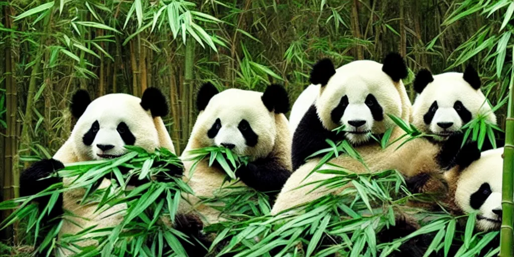 Image similar to “4 pandas hiding in a bamboo forest”