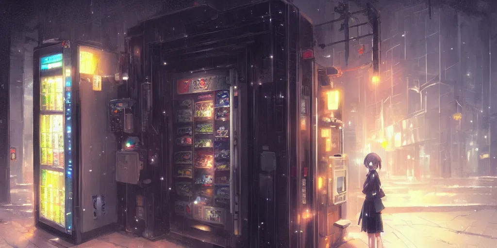 Image similar to anime kyoto animation key by greg rutkowski night, vending machine